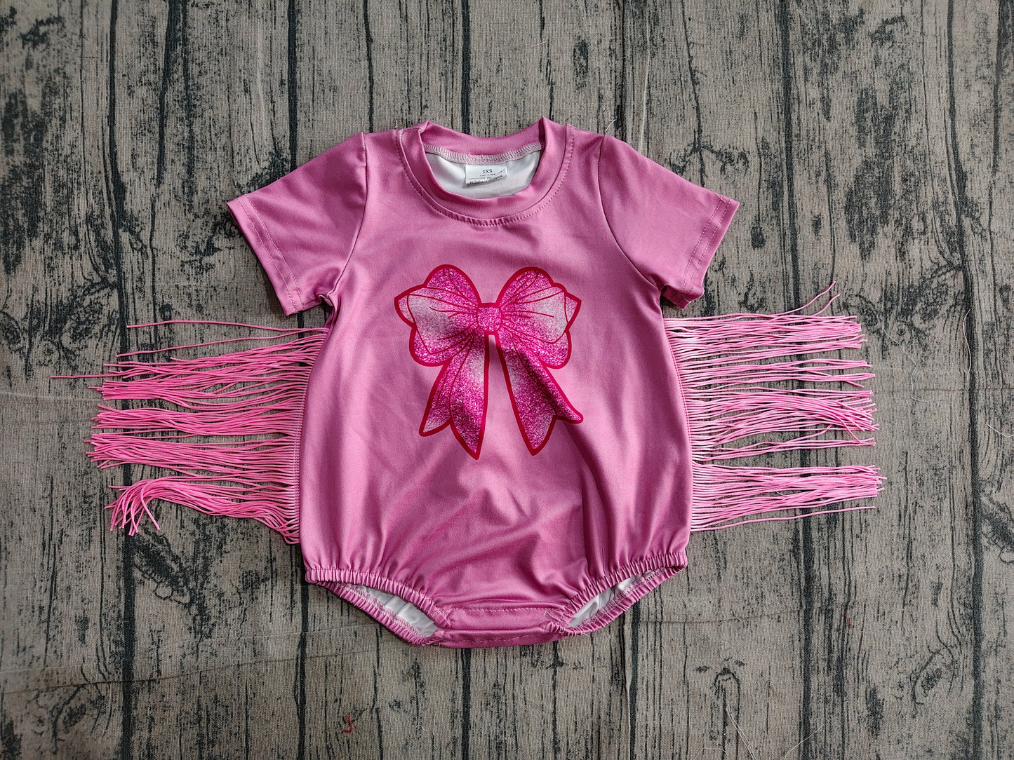 SR3187 Preorder Sample Baby Girl Pink Short Sleeves Sequin Bow Tassel Ruffle Rompers