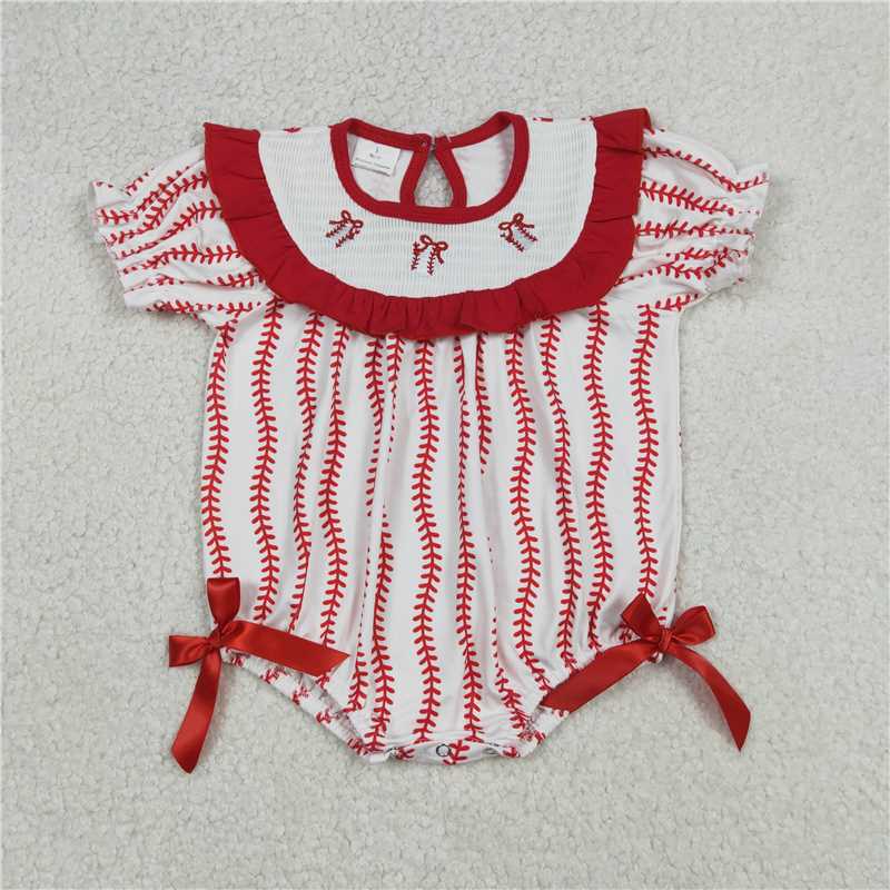 SR3345 Smocked Baseballs Bows Baby Girl Red Stripe Team Ruffle Rompers
