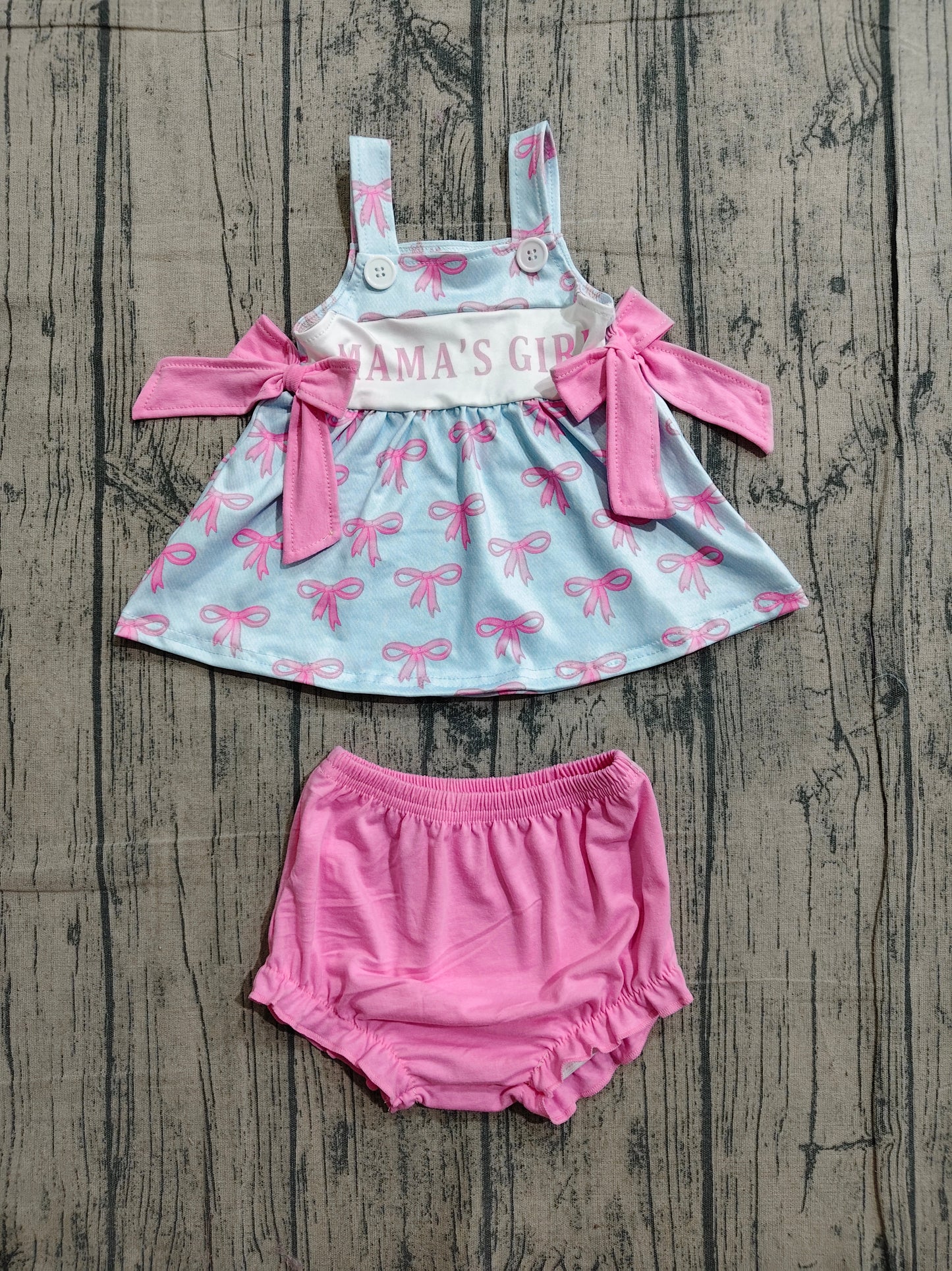 SR3426 Preorder Sample Baby Girl Pink Strap Mama's Girls Bows Tunic Bummies Ruffle Rompers