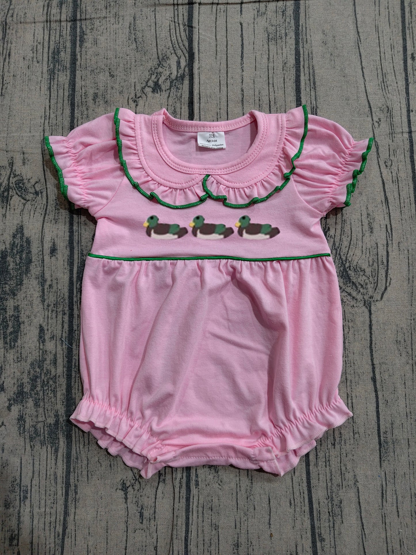 SR3532 Preorder Sample Embroidery Ducks Baby Girl Pink Collar Hunting Ruffle Rompers