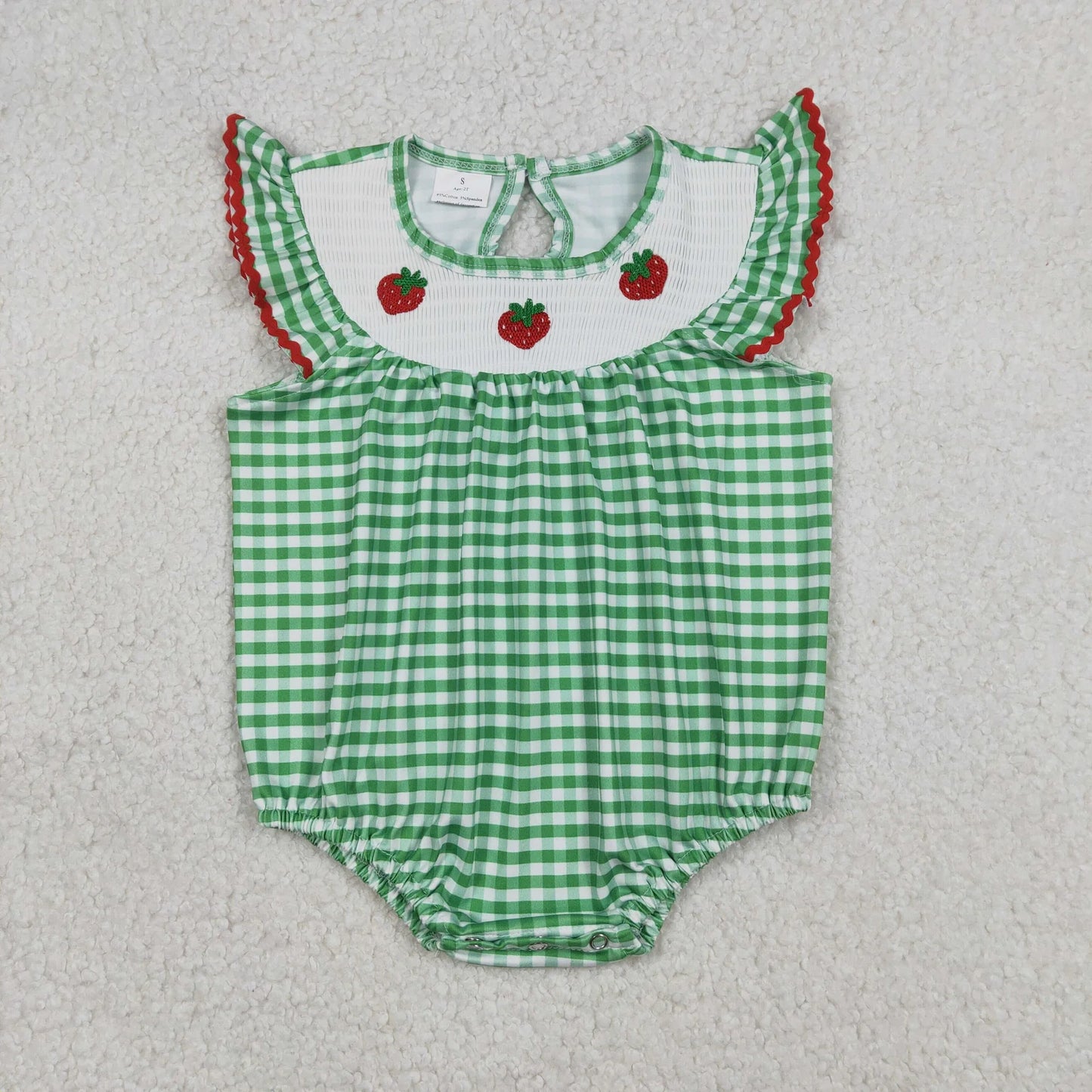 SR3550 Newborn Smocked Strawberry Baby Girls Green Checked Ruffle Rompers