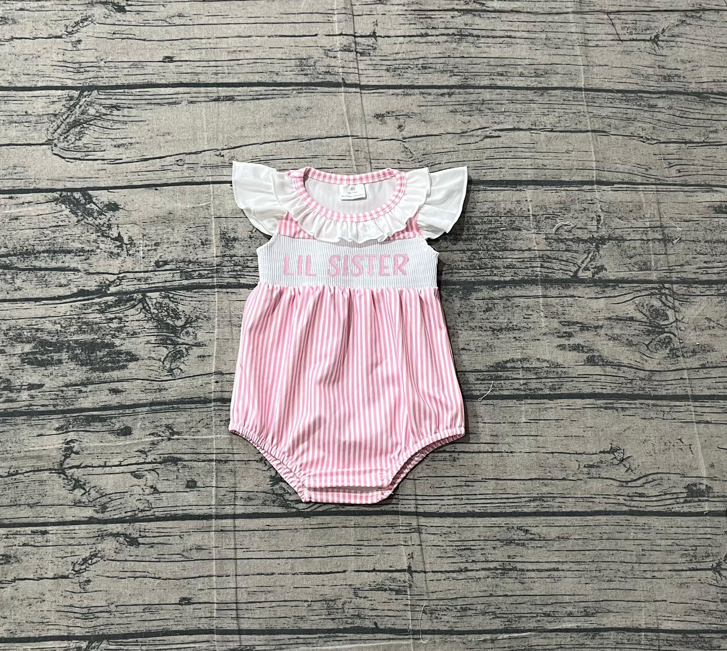 SR3593 Preorder Sample Smocked Little Sister Baby Girl Pink Stripe Collar Ruffle Rompers