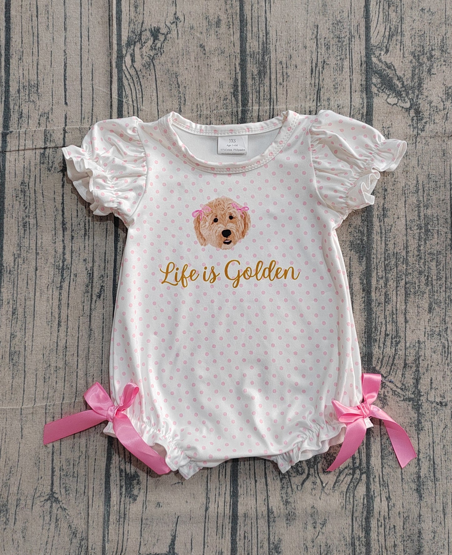 SR3779 Preorder IRL Baby Girls Pink Polka Dots Dogs Life is Golden Ruffle Rompers