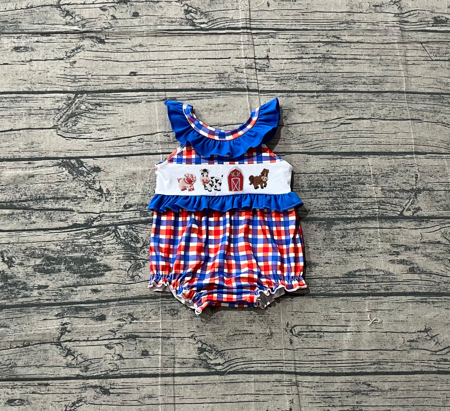 SR3835 Preorder Sample Embroidery Cows Baby Girl Red Blue Checked Farm Ruffle Rompers