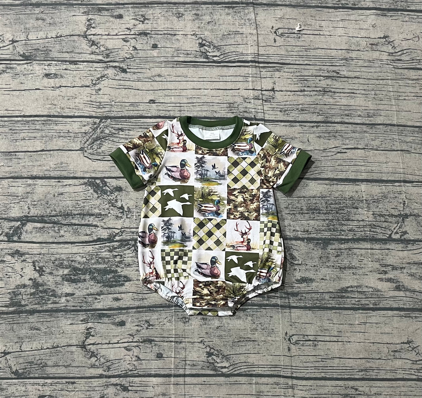 SR3837 Preorder Sample Baby Boy Short Sleeve Deer Ducks Checked Hunting Rompers