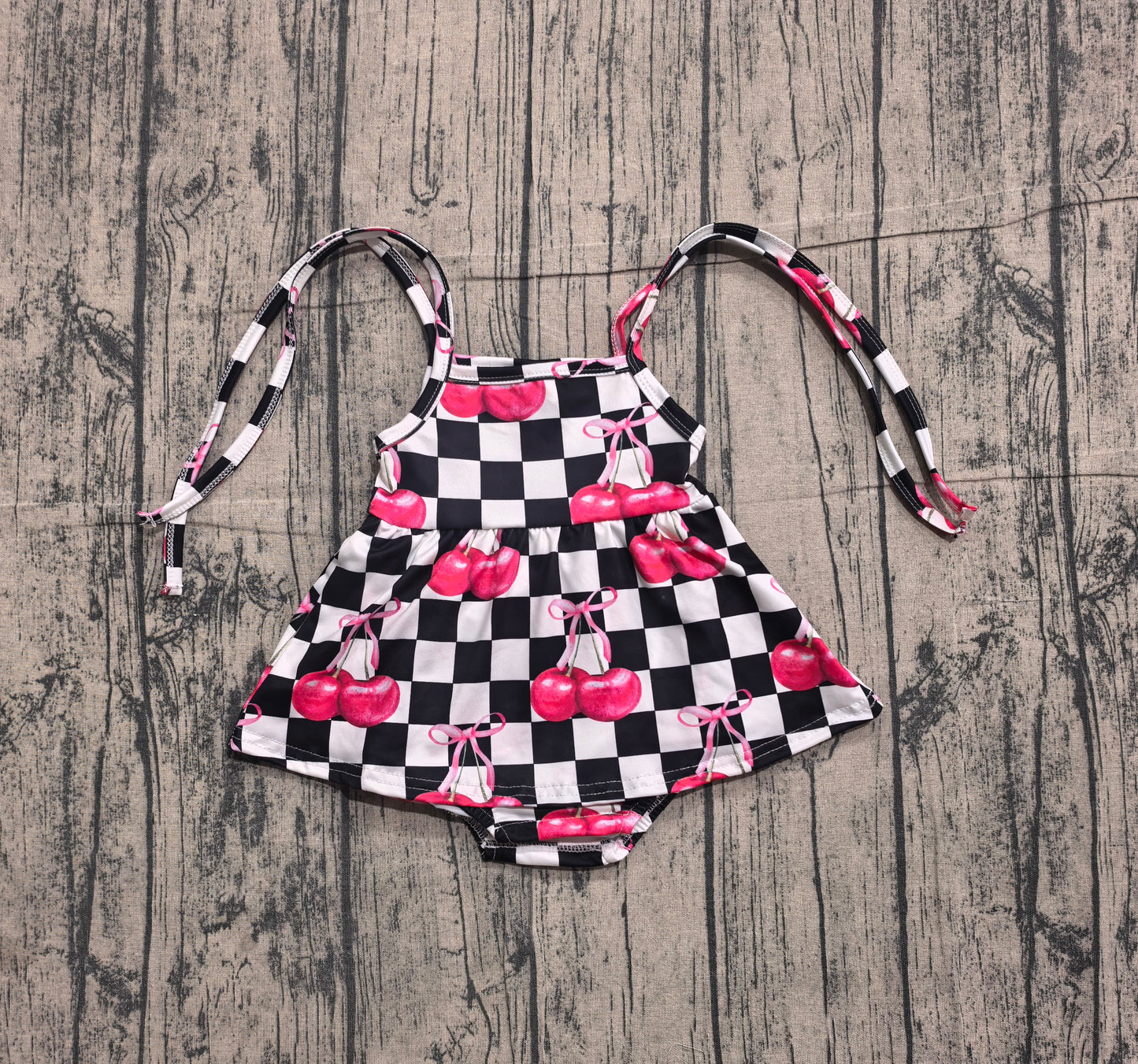 SR3854 Preorder Sample Baby Girl Strap Black Checked Cherry Ruffle Rompers