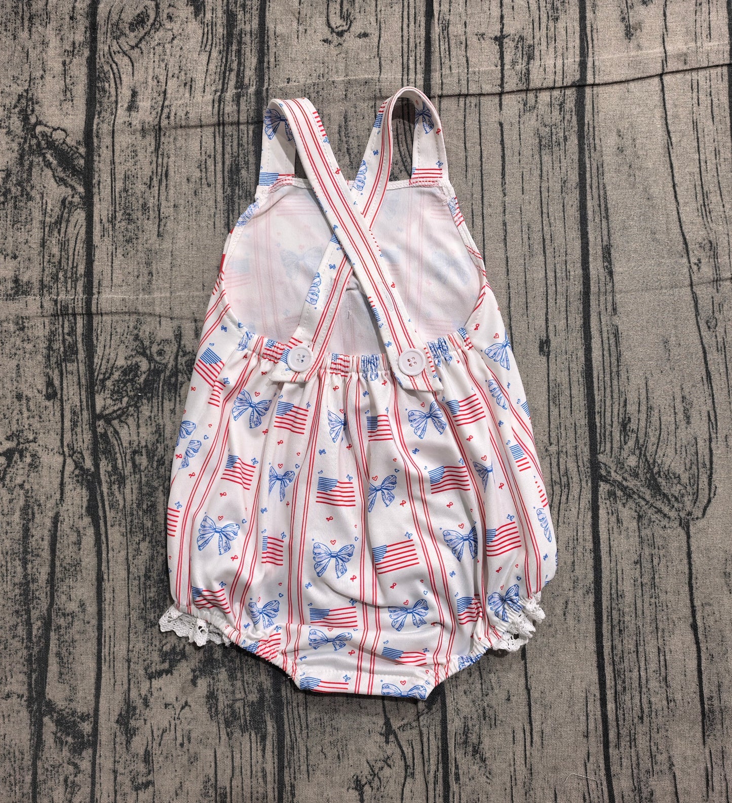 SR3862 Preorder Sample Baby Girl Strap Flags Bows Stripe 4th of July Ruffle Rompers
