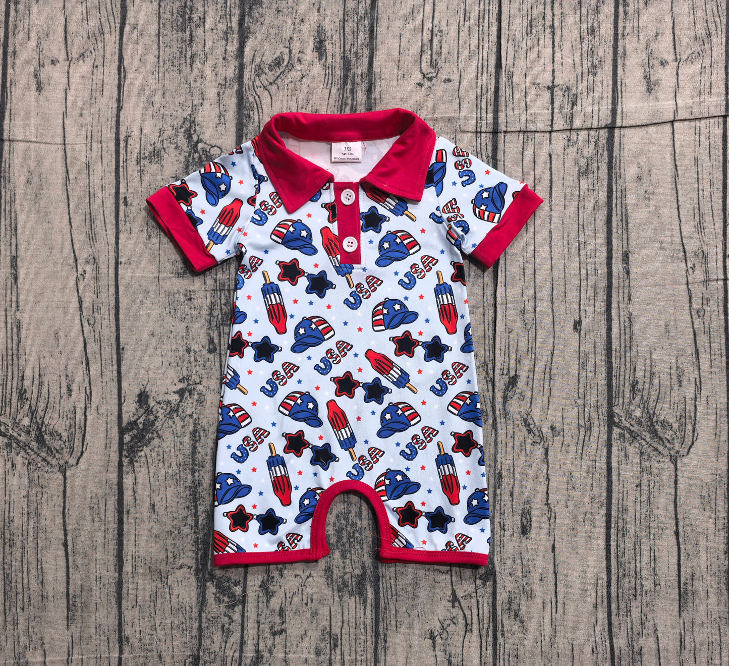 SR3874 Preorder Sample Baby Boy Short Sleeve USA Popsicle Stars 4th of July Button Rompers