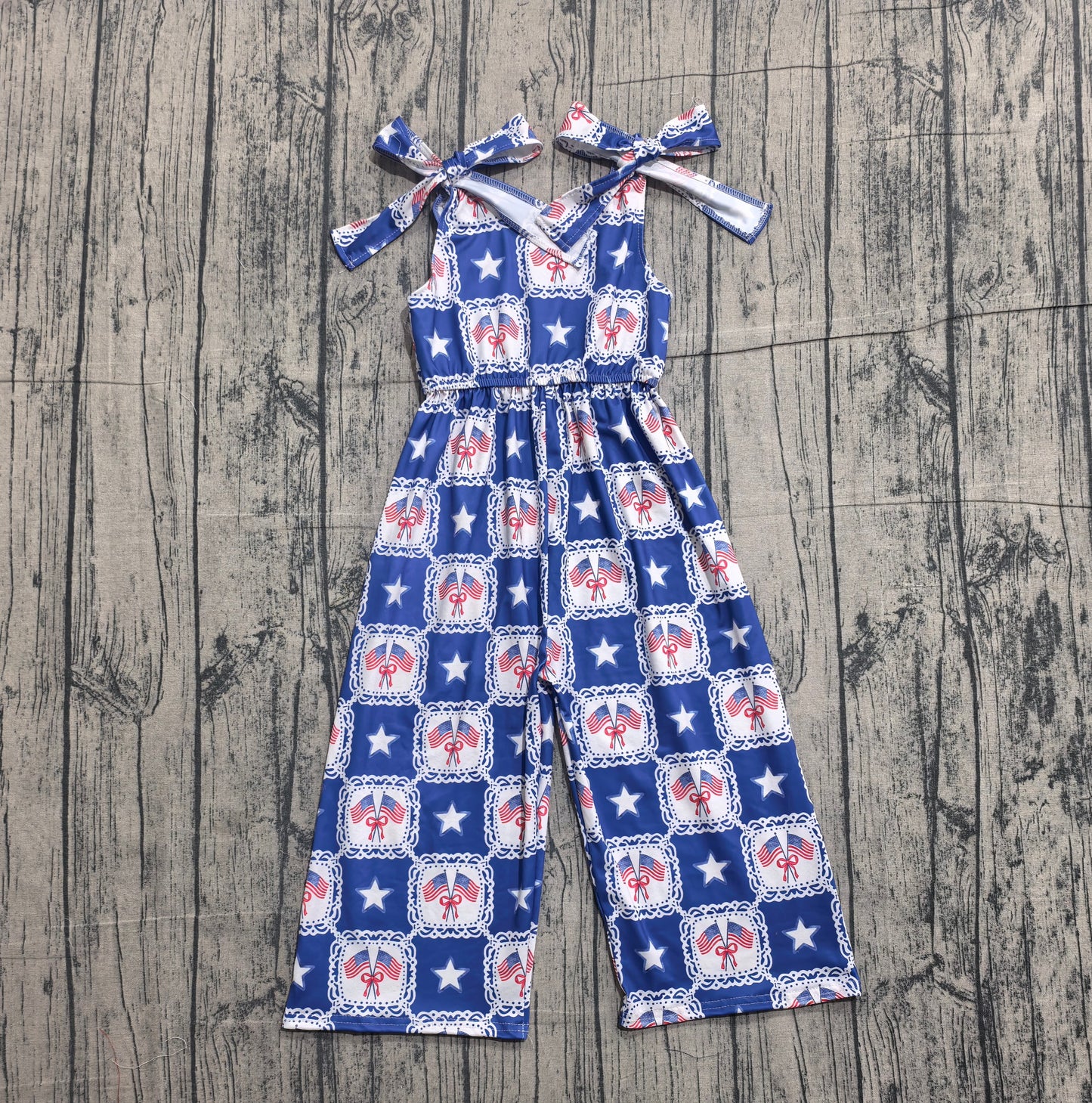 SR3875 Preorder Sample Baby Girl Bows Strap Stars Flags Checked 4th of July Pant Jumpsuits