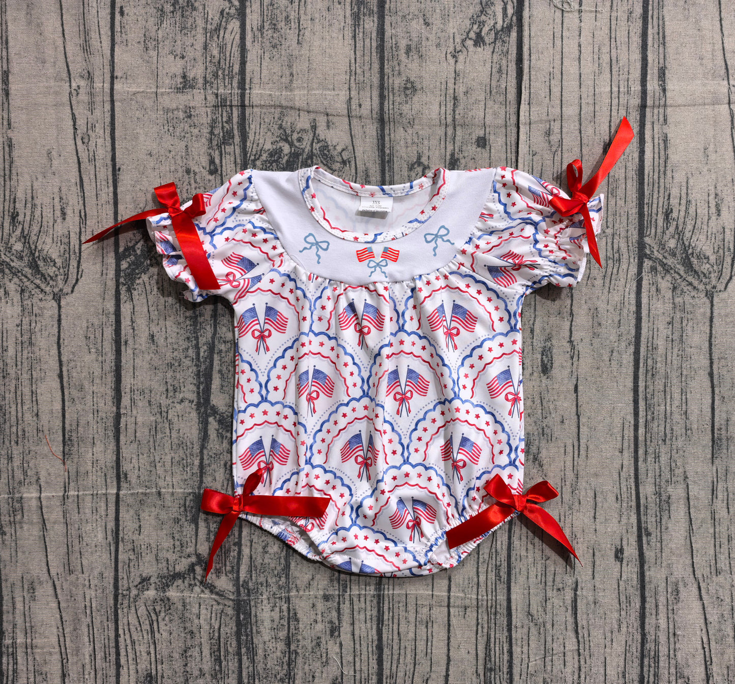 SR3887 Preorder IRL Baby Girl Embroidery Bows Flags Checked 4th of July Ruffle Rompers