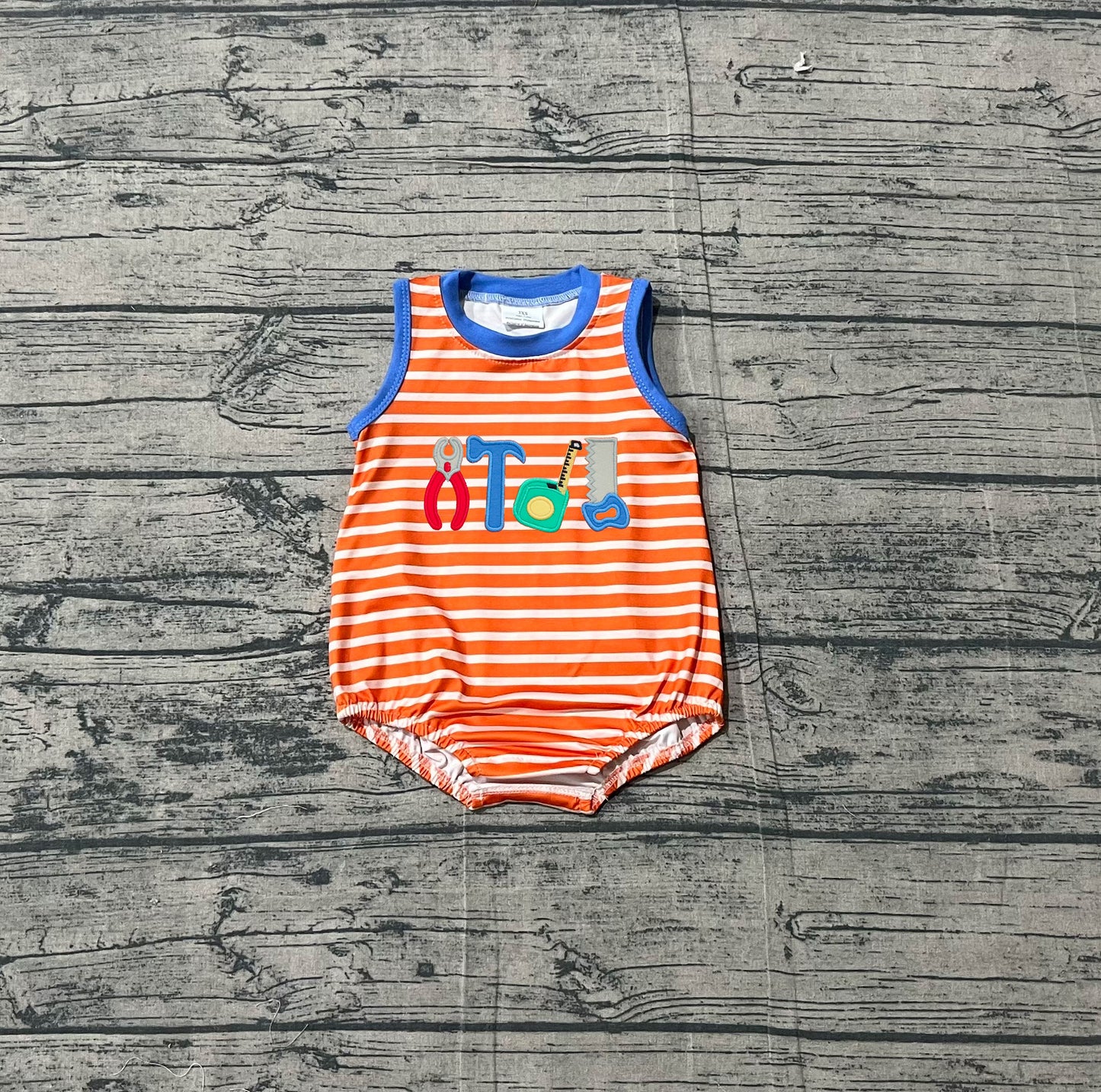 SR3943 Preorder Sample Baby Boy Embroidery Tools Sleeveless Orange Stripe Rompers