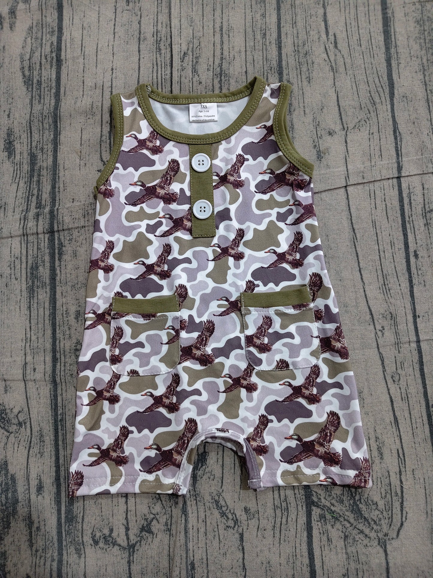 SR3946 Preorder Sample Baby Boy Southern Camo Ducks Button Pockets Hunting Rompers