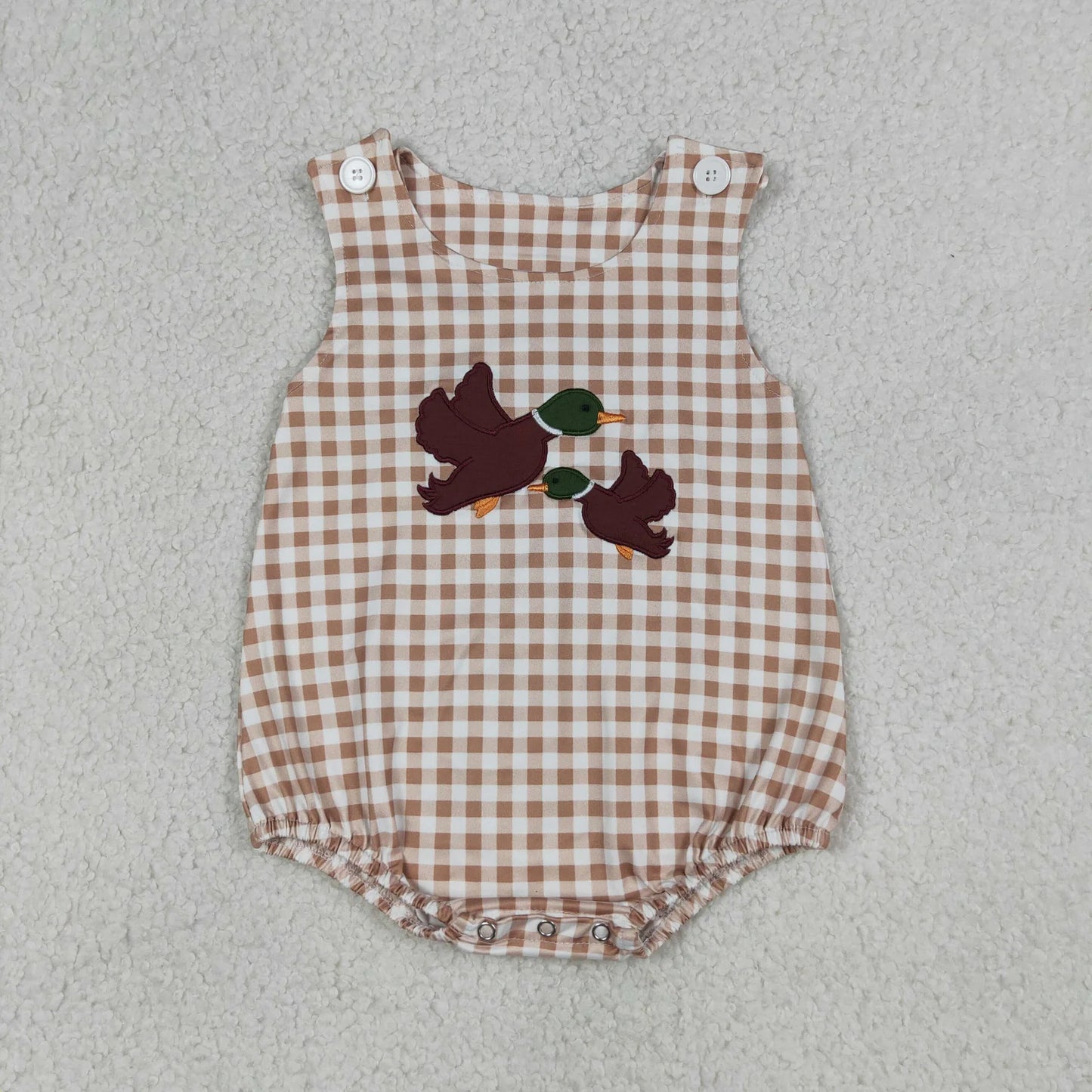 SR3958 Newborn Embroidery Ducks Baby Boys Sleeveless Hunting Checked Rompers