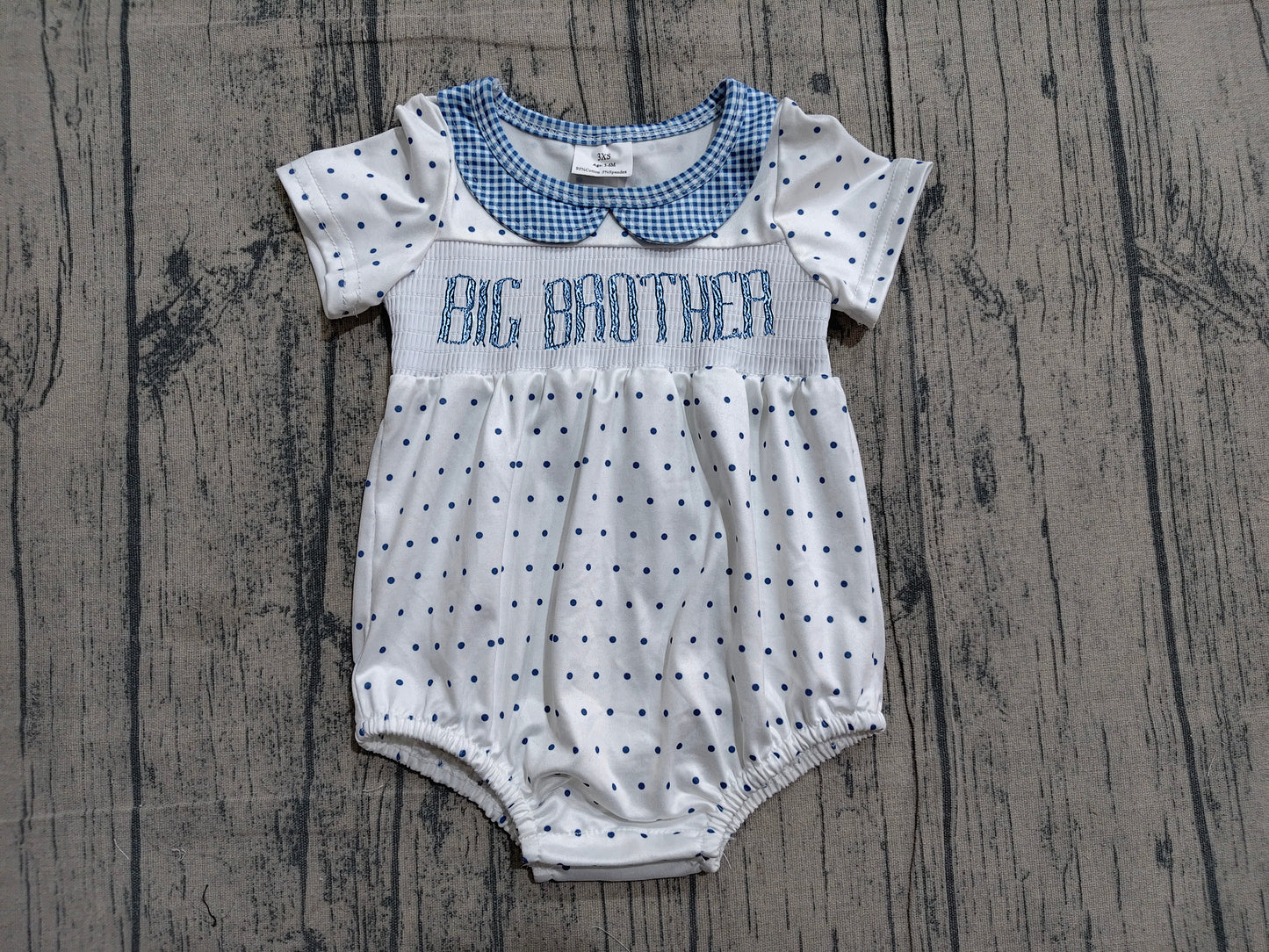 SR3980 Preorder Sample Smocked Big Brother Short Sleeve Polka Dots Collar Rompers