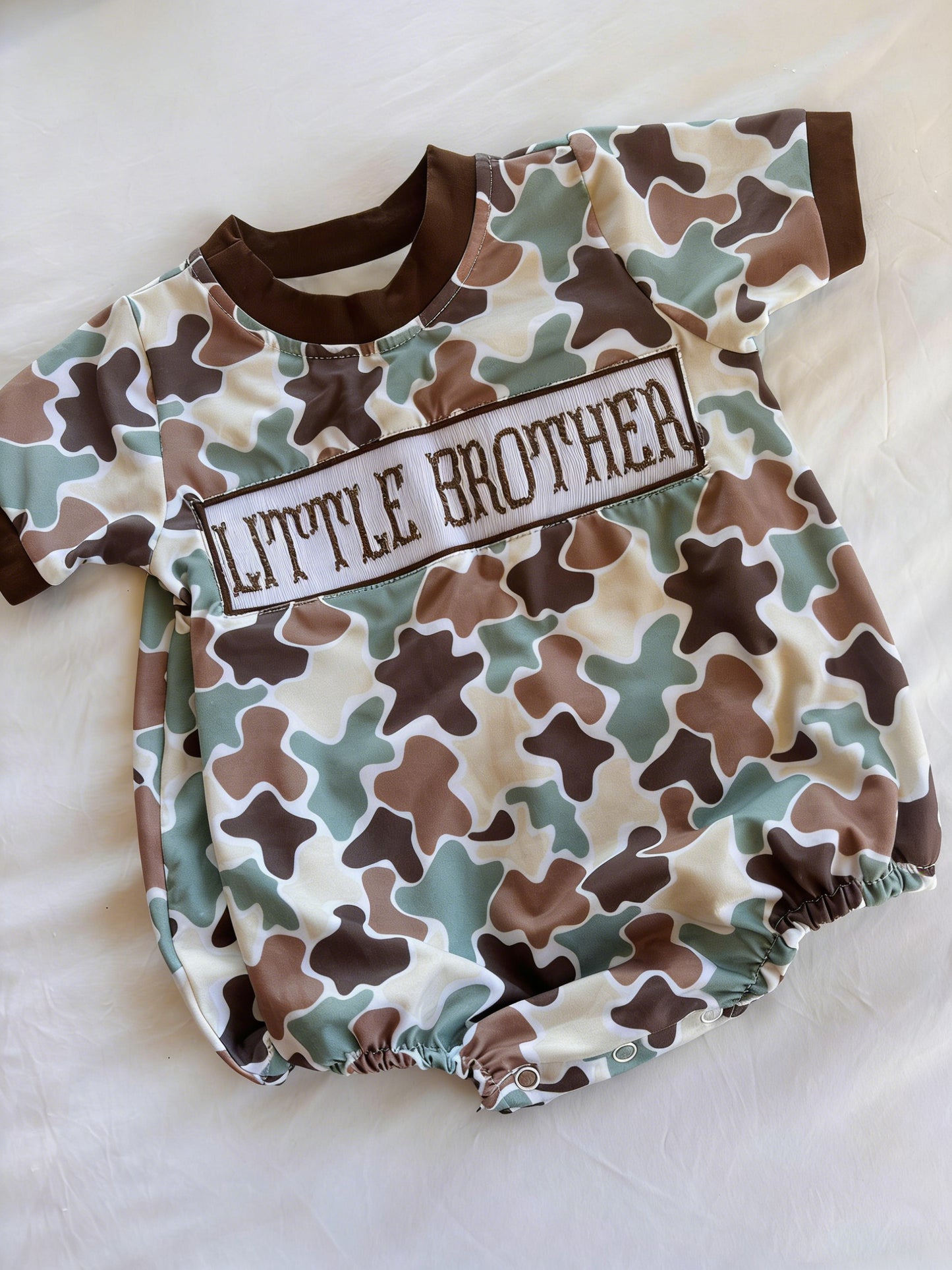 Pre-order no moq SR3986 pre-order baby boy clothes LITTLE BROTHER camouflage short sleeve bubble-26.1.14