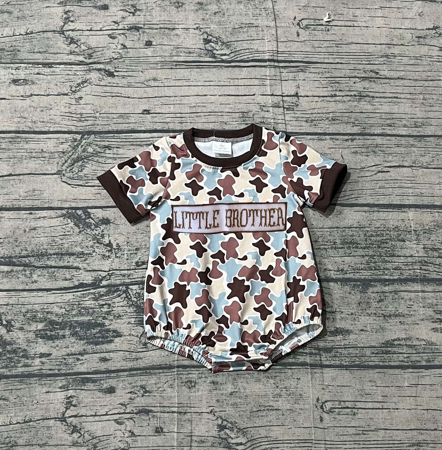 SR3986 Preorder Sample Baby Boy Embroidery Little Brother Short Sleeve Southern Camo Rompers