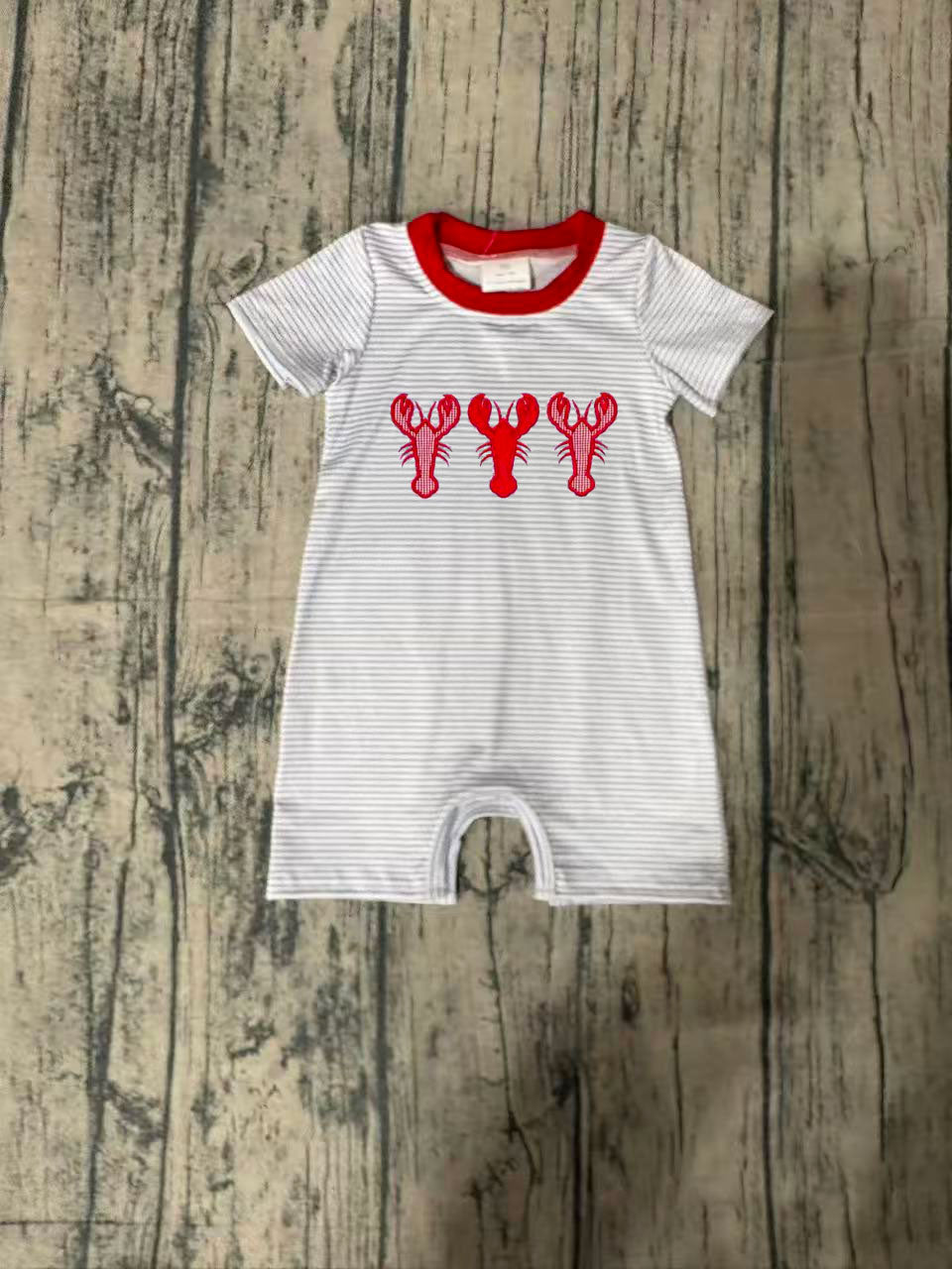 SR4007 Preorder Sample Baby Boy Embroidery Crayfishes Short Sleeve Stripe Rompers