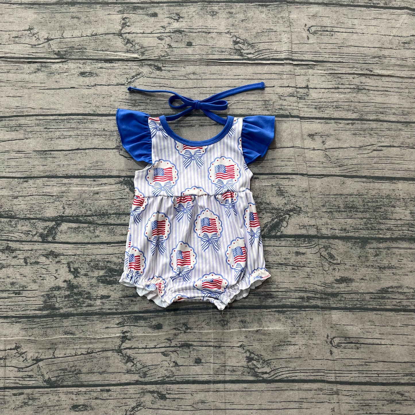 SR4029 Preorder Sample Baby Girl Flutter Sleeve Blue Stripe Bows Flags 4th of July Ruffle Rompers