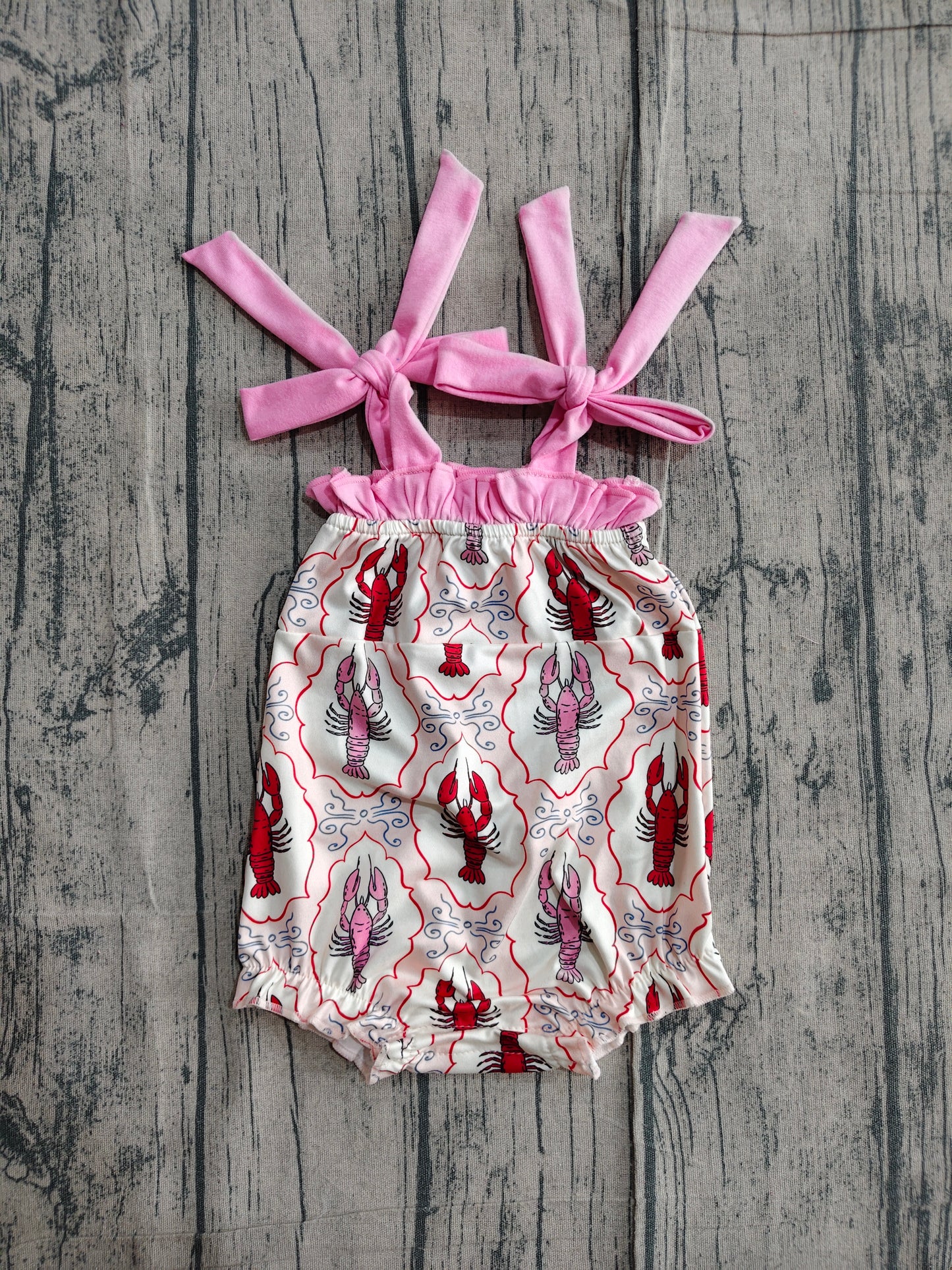 SR4032 Preorder Sample Baby Girl Strap Bows Crayfishes Checked Ruffle Rompers