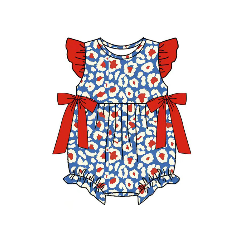 SR4045 Preorder Baby Girl Flutter Sleeve Red Blue Leopard 4th of July Ruffle Rompers