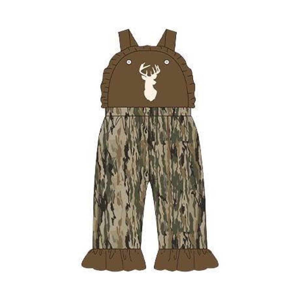SR4047 Preorder Baby Girl Strap Southern Olive Camo Deer Hunting Ruffle Pant Jumpsuits
