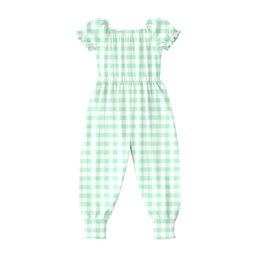 SR4064 Preorder Baby Girls Short Ruffle Sleeve Green Checked Pant Jumpsuits