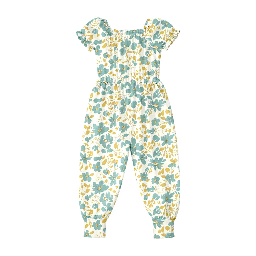 SR4067 Preorder Baby Girls Short Ruffle Sleeve Colorful Flowers Pant Jumpsuits