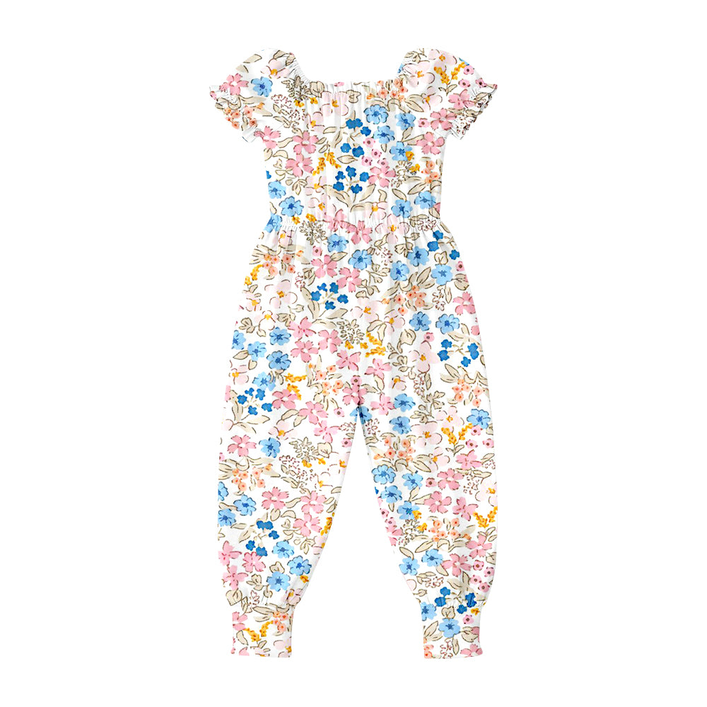 SR4071 Preorder Baby Girls Short Ruffle Sleeve Colorful Flowers Pant Jumpsuits