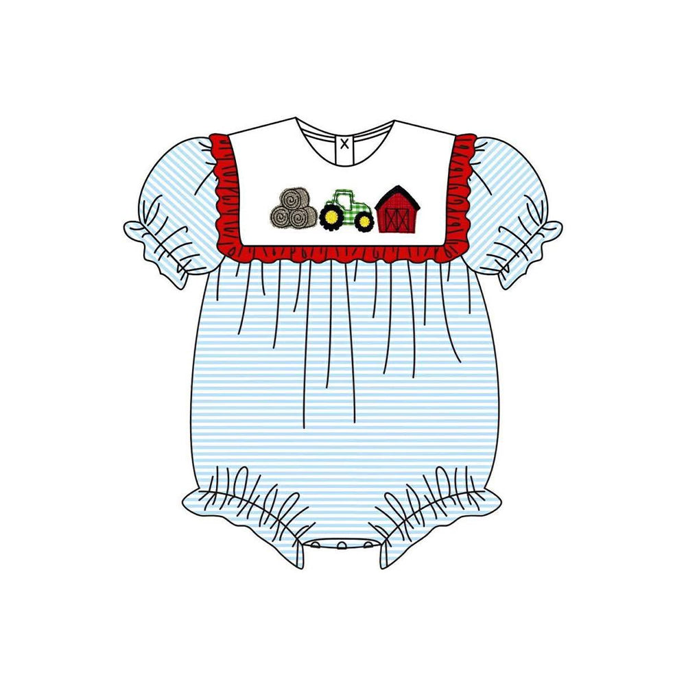SR4074 Preorder Baby Girl Farm Truck House Stripe Ruffle Rompers