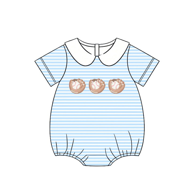 SR4079 Preorder Baby Boy Short Sleeve Baseballs Stripe Team Rompers