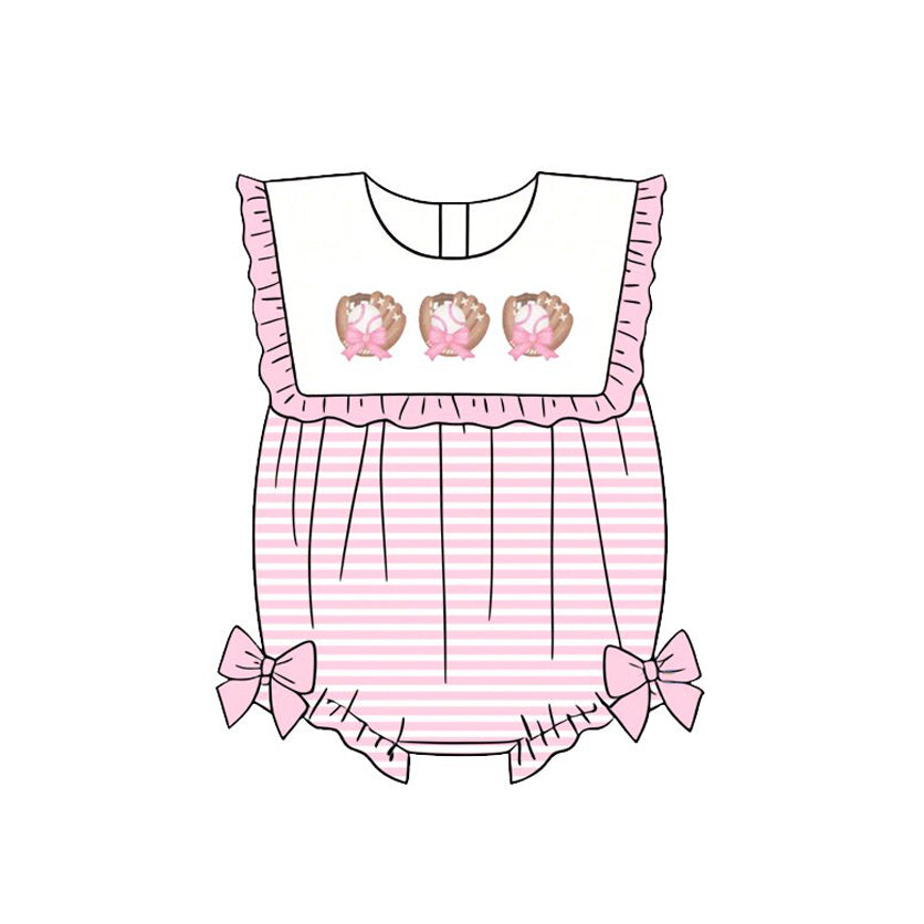 SR4080 Preorder Baby Girl Sleeveless Bows Baseballs Stripe Team Ruffle Rompers