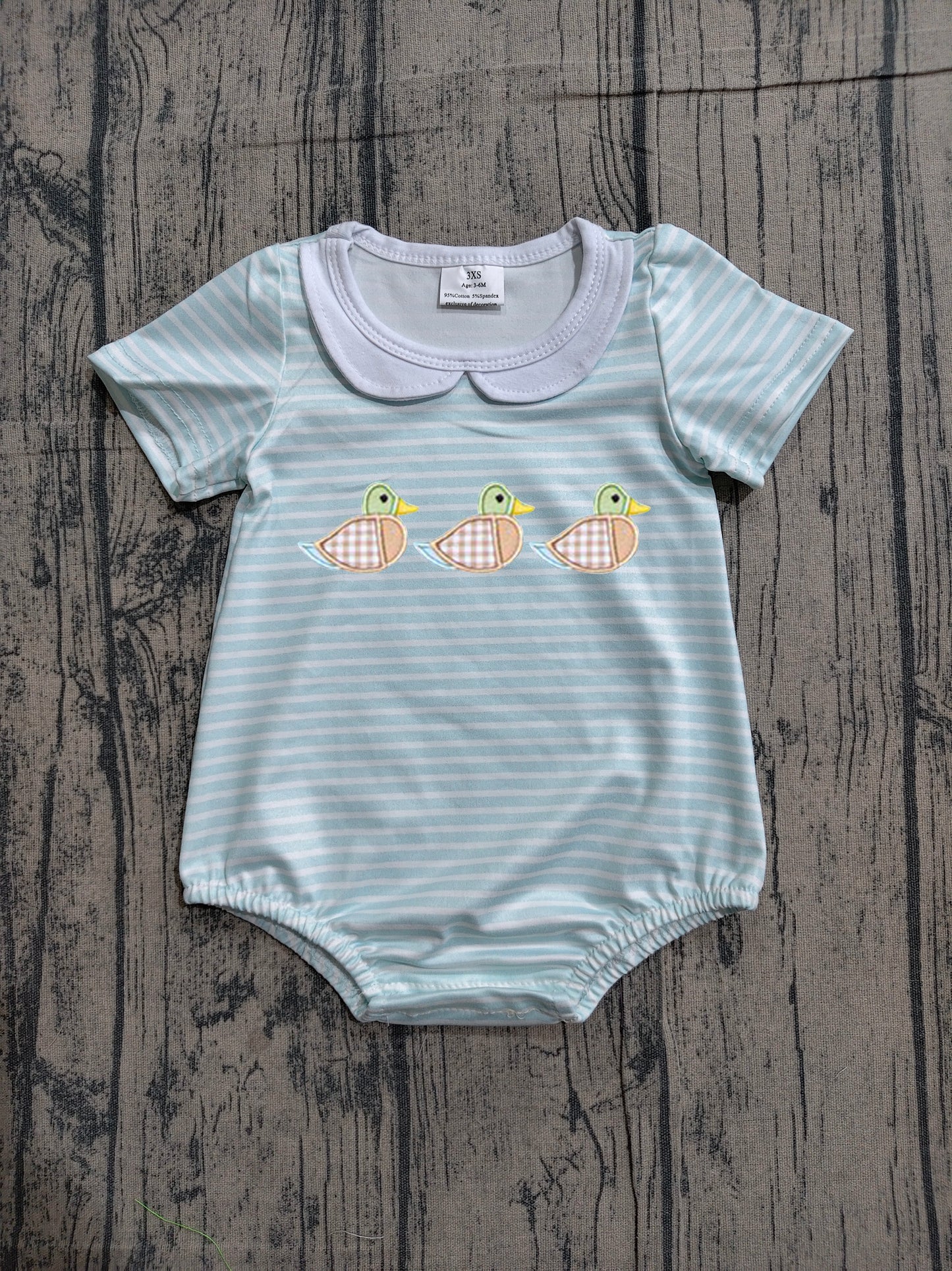SR4081 Preorder Sample Embroidery Ducks Baby Boy Short Sleeve Collar Stripe Rompers