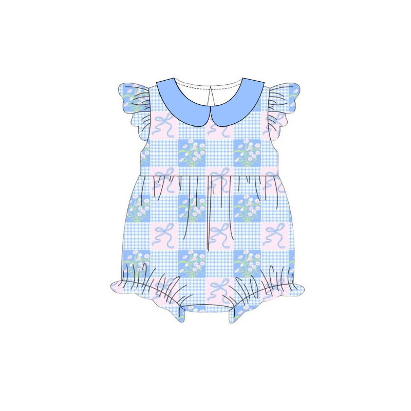 SR4085 Preorder Baby Girl Flutter Sleeve Flowers Bows Checked Collar Ruffle Rompers