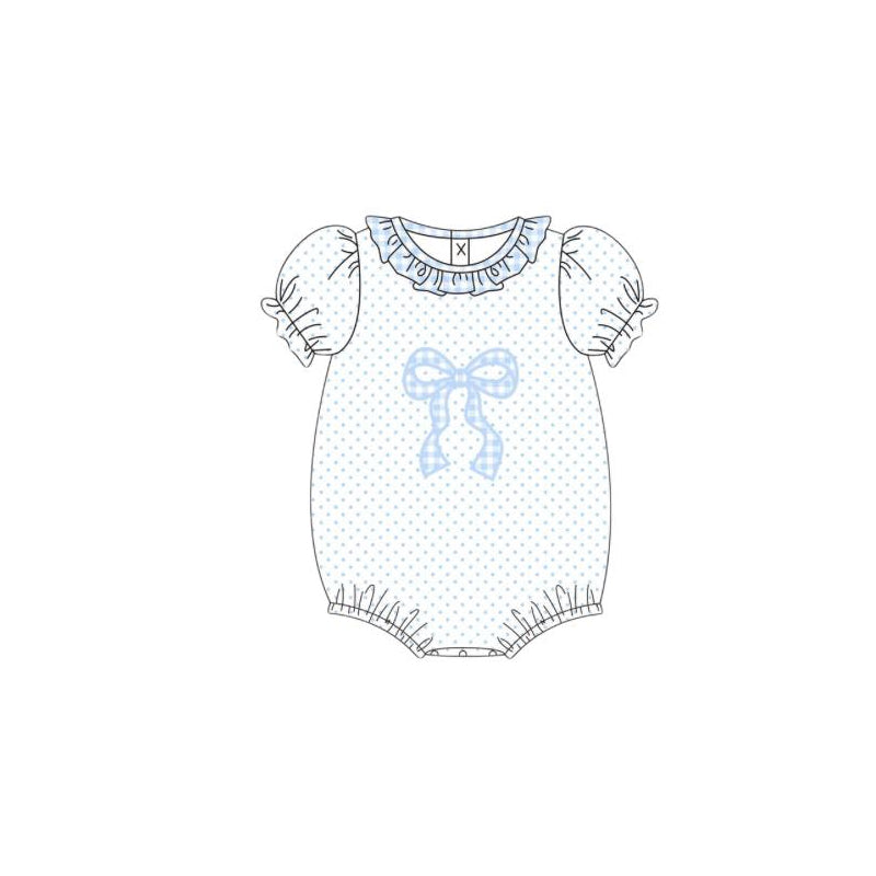 SR4089 Preorder Baby Girl Short Sleeve Blue Polka Dots Bows Ruffle Rompers