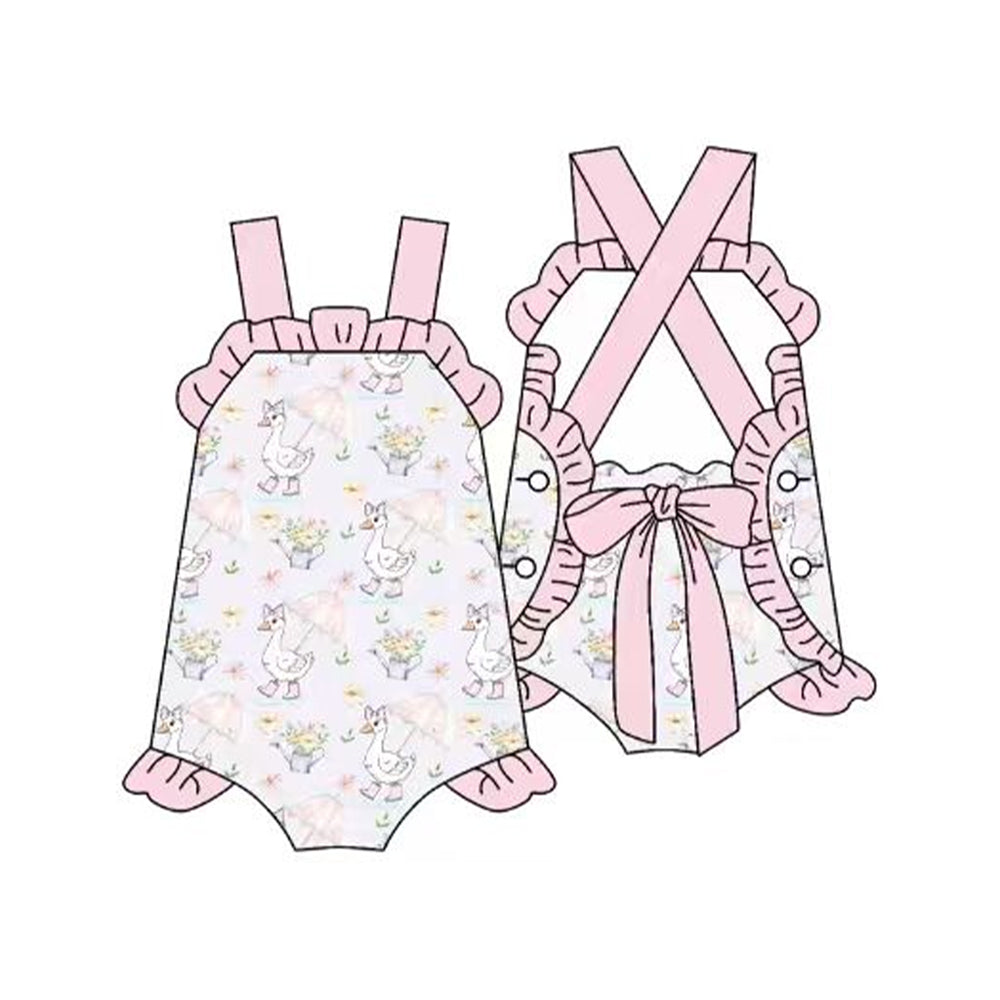 SR4090 Preorder Baby Girl Strap Flower Gooses Open Back Bows Ruffle Rompers
