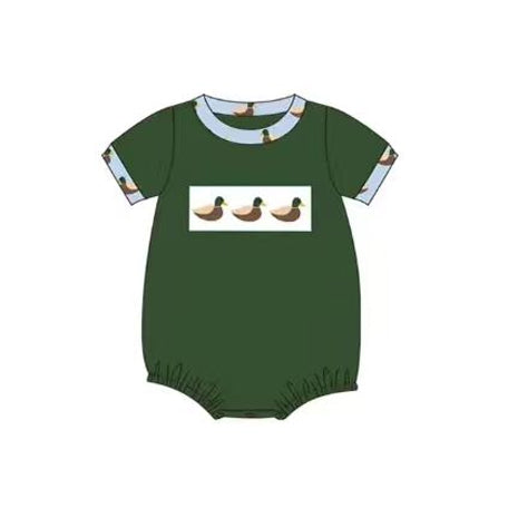 SR4092 Preorder Baby Boy Short Sleeve Green Ducks Hunting Rompers