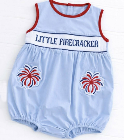 SR4093 Preorder Baby Boy Sleeveless Little Firecracker 4th of July Rompers