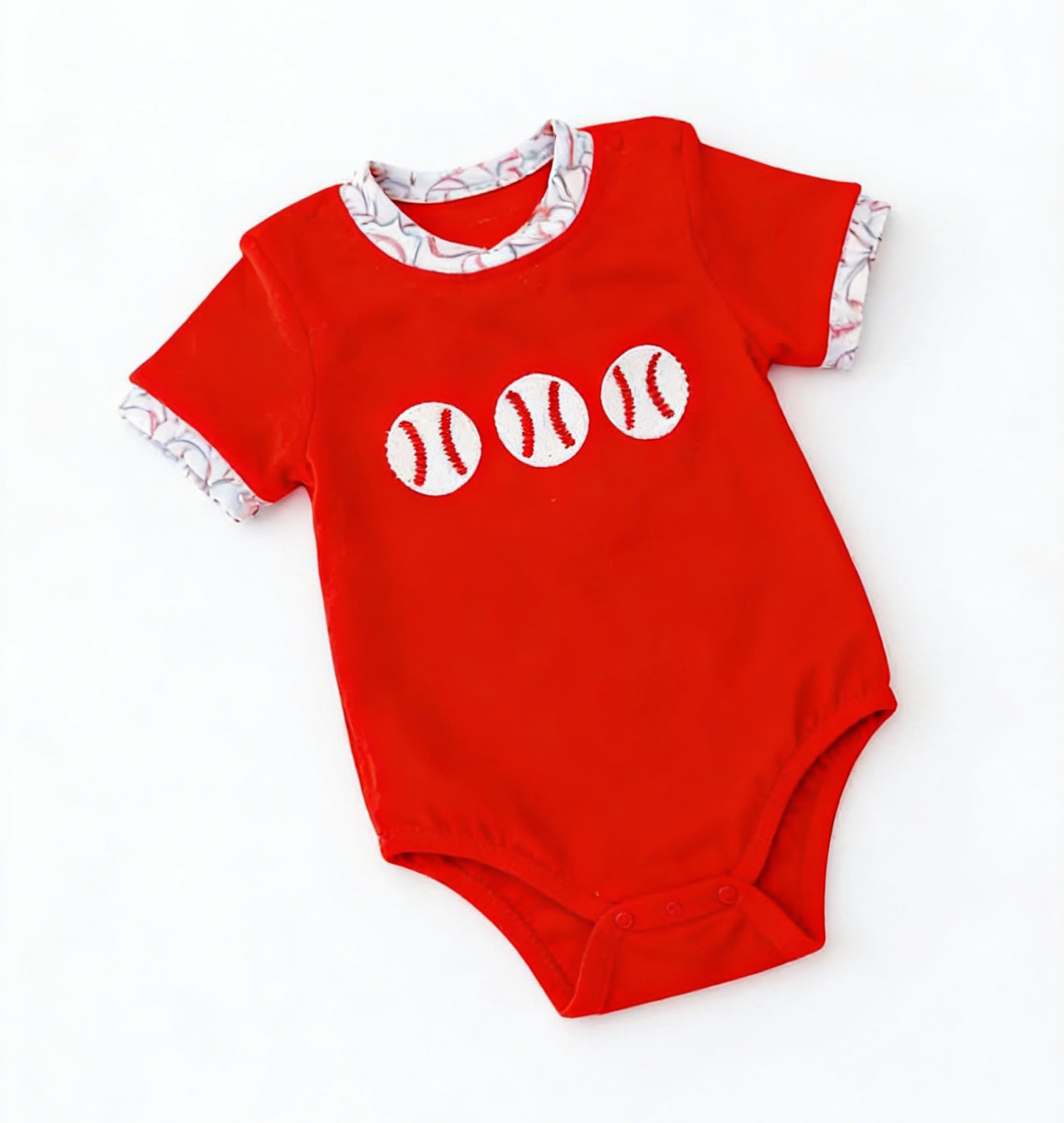 SR4095 Preorder Baby Boy Red Short Sleeve Baseballs Team Rompers