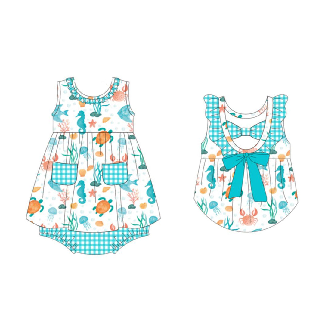 SR4098 Preorder Baby Girl Sleeveless Tortoise Fishes Pockets Tunic Bummies Rompers