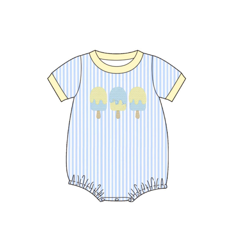 SR4107 Preorder Baby Boy Short Sleeve Blue Stripe Popsicle Rompers