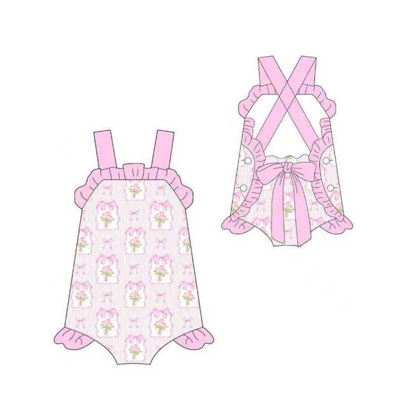 SR4112 Preorder Baby Girl Pink Strap Flowers Back Bows Ruffle Rompers