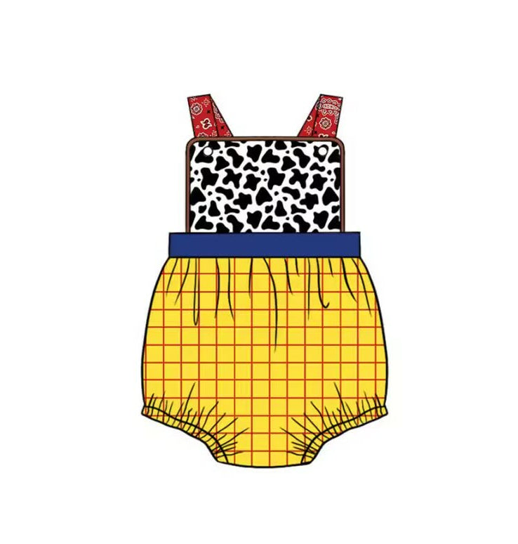 SR4114 Preorder Baby Boy Strap Cow Print Yellow Checked Rompers
