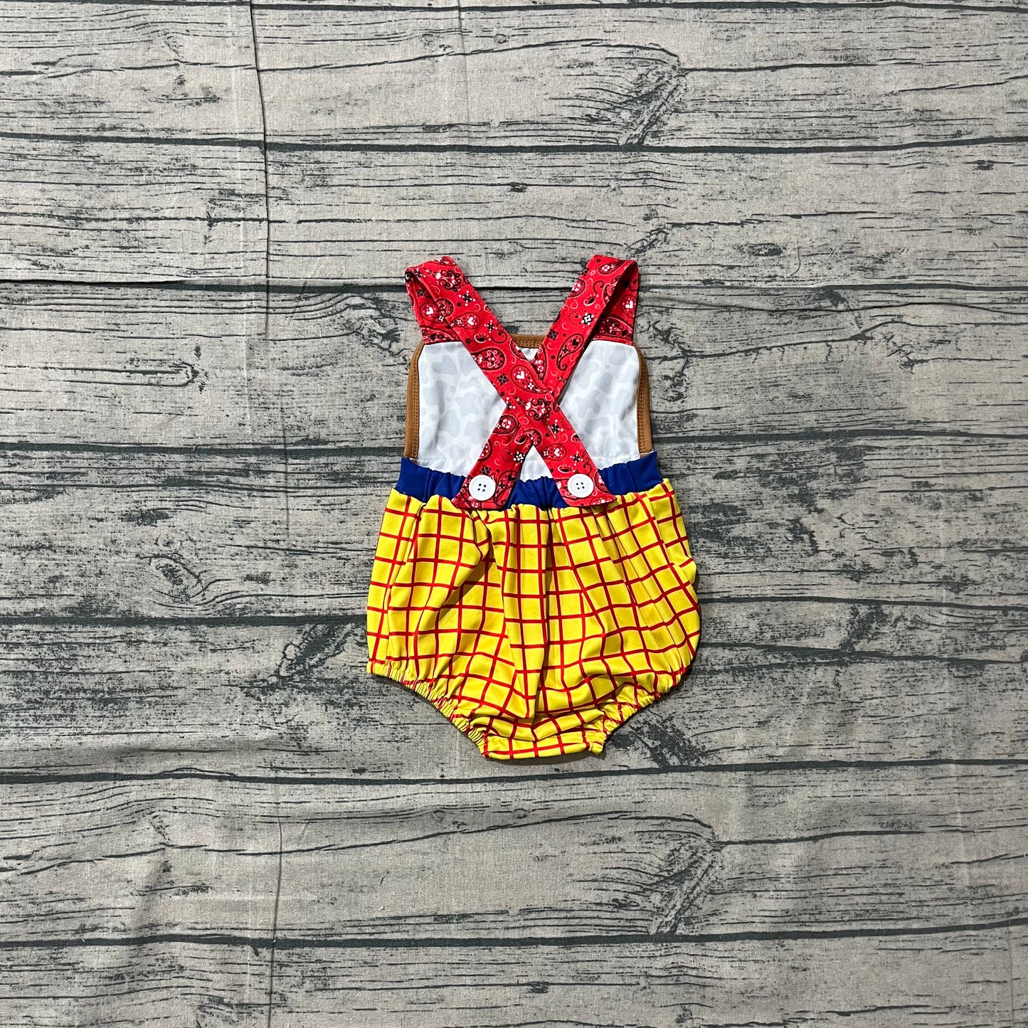 SR4114 Preorder Sample Baby Boys Strap Cow Print Yellow Checked Rompers