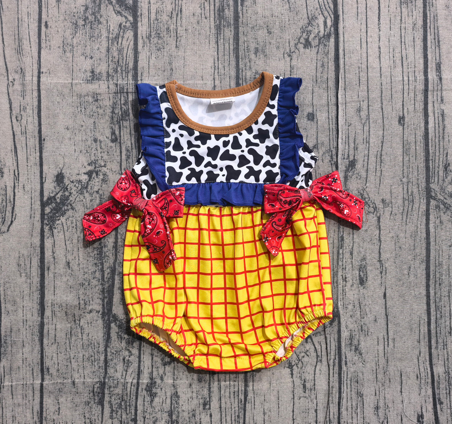 SR4115 Preorder Sample Baby Girl Sleeveless Cow Print Yellow Checked Ruffle Rompers