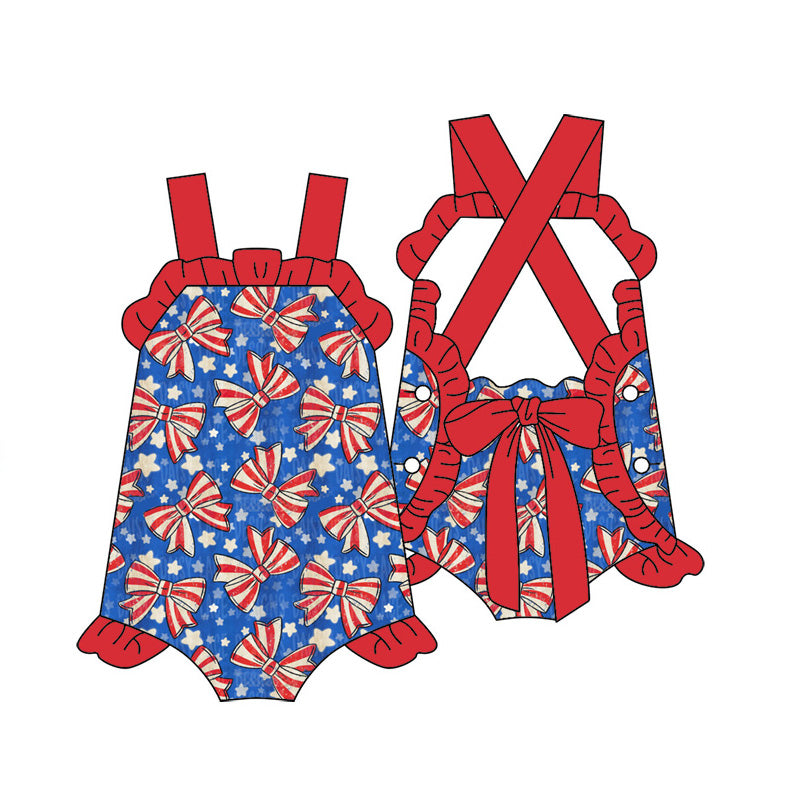SR4116 Preorder Baby Girl Strap Flags Stars Back Bow 4th of July Ruffle Rompers