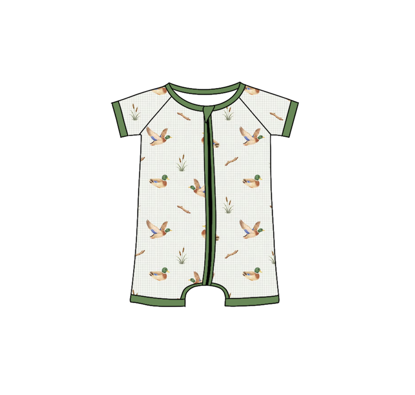 SR4118 Preorder Baby Boy Short Sleeve Ducks Hunting Zipper Shorts Rompers