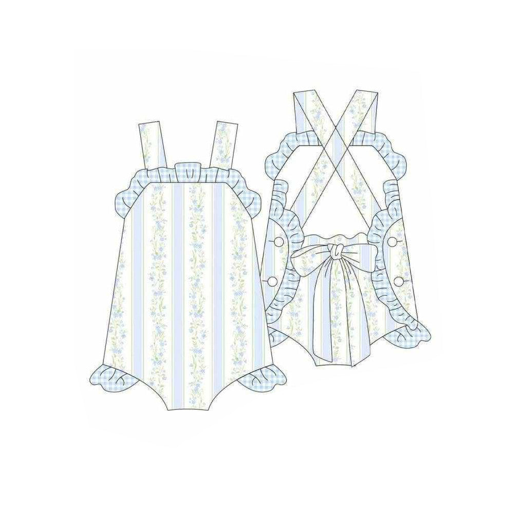 SR4123 Preorder Baby Girl Strap Blue Flowers Stripe Back Bow Ruffle Rompers