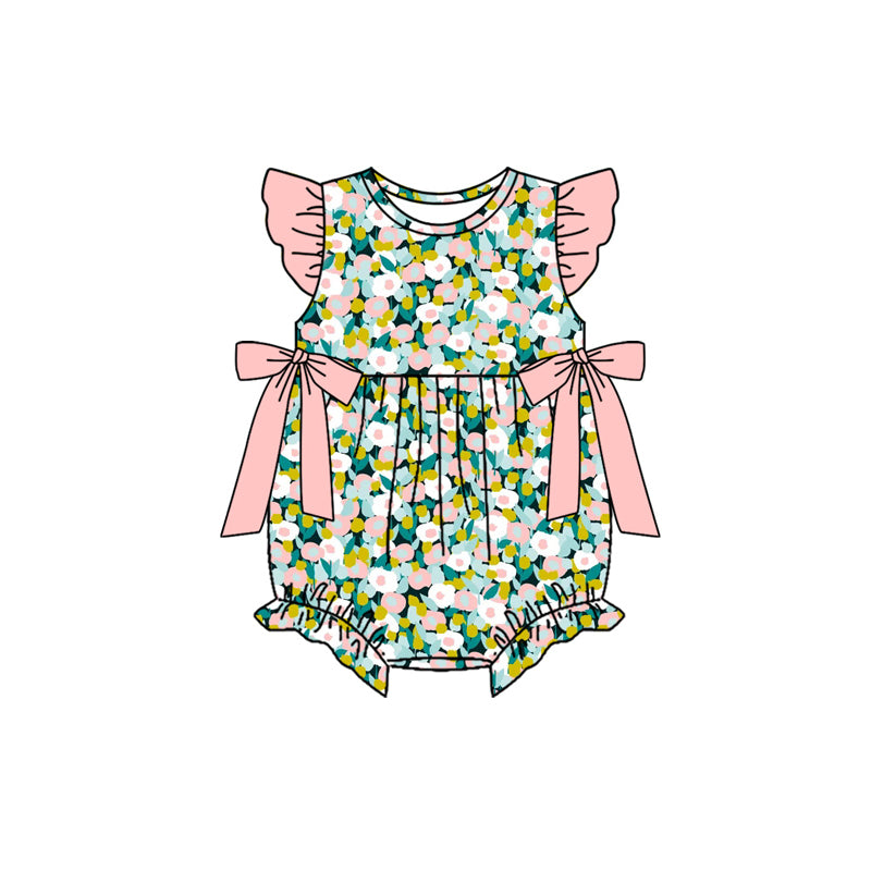 SR4125 Preorder Baby Girl Flutter Sleeve Colorful Flowers Ruffle Rompers