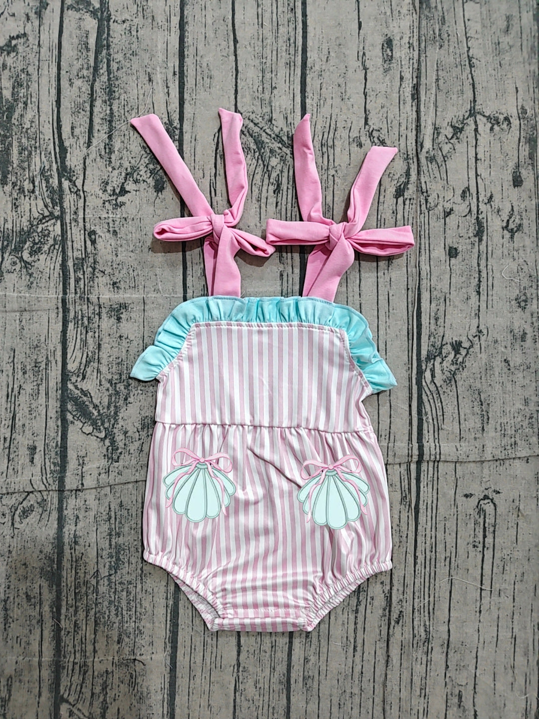 SR4127 Preorder Sample Embroidery Shell Pockets Baby Girls Strap Pink Stripe Ruffle Rompers