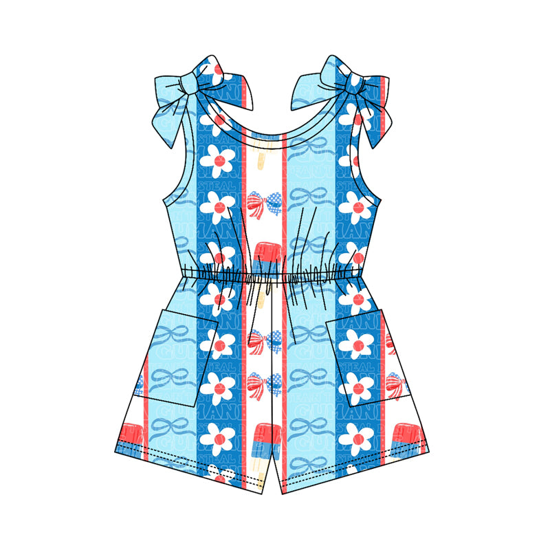 SR4128 Preorder Baby Girl Sleeveless Flag Bows Flowers 4th of July Pockets Jumpsuits